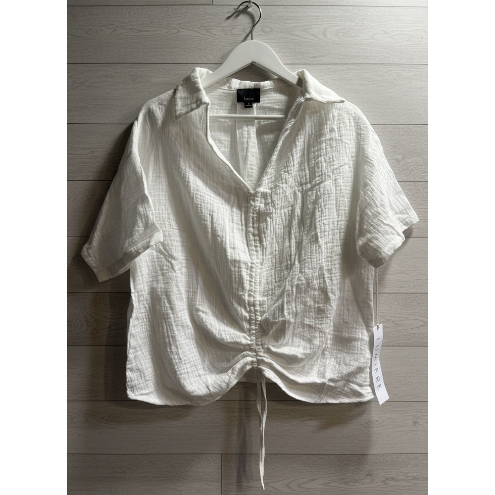 Lumiere Womens White Gauze Short Sleeve Drawstring Cinch Front Blouse Top Small
